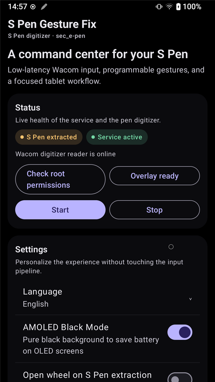 App dashboard with service status, root check and settings