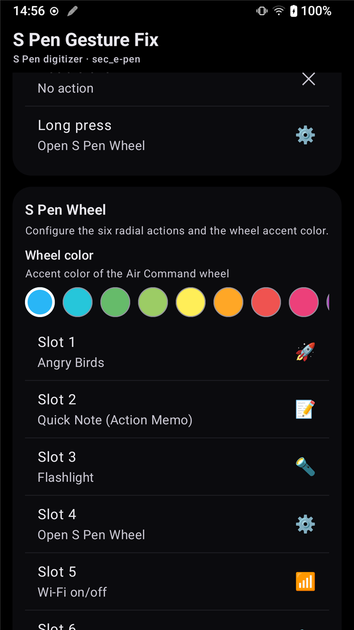 Wheel settings with accent colors and six configurable slots
