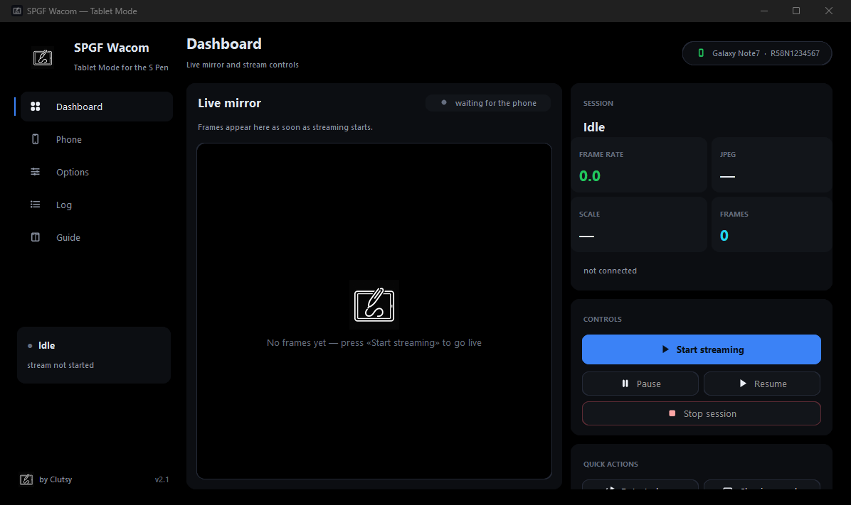 SPGF_WacomGUI dashboard: live mirror, stat tiles and session controls