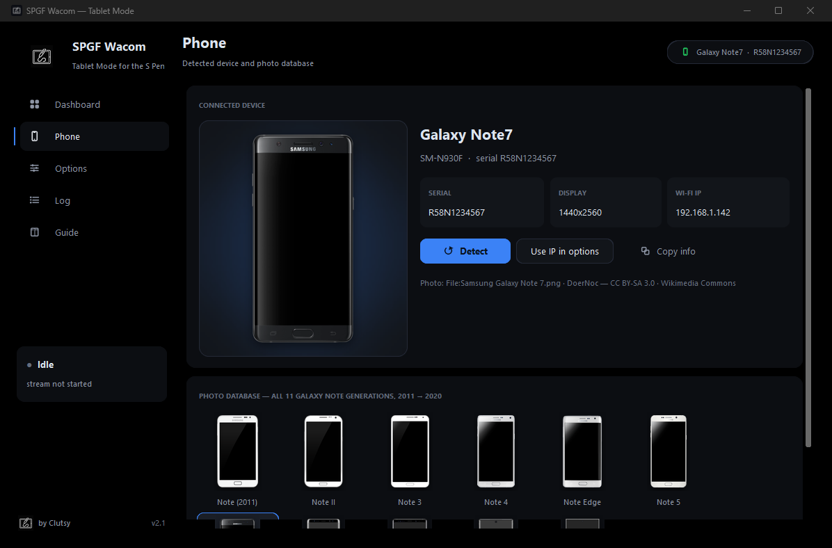 SPGF_WacomGUI photo database with all eleven Note generations and the selection ring