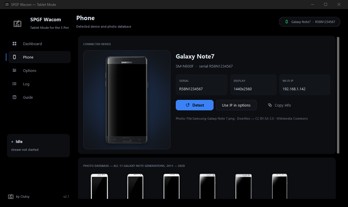 SPGF_WacomGUI phone page with the detected Note7 and its photo credits