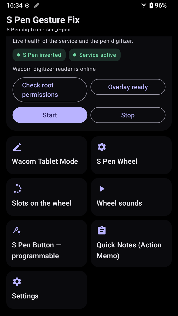 App dashboard: service active, digitizer reader online and section tiles