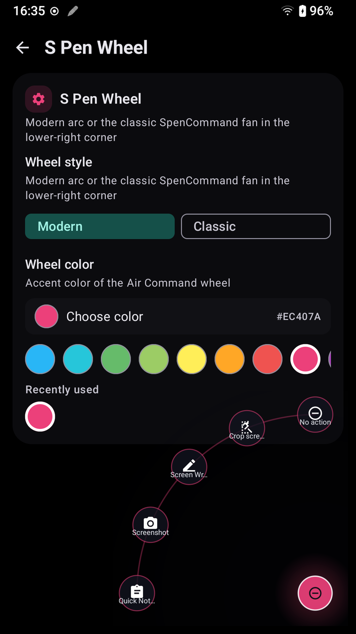 Wheel settings with Modern and Classic styles, color picker and live preview arc
